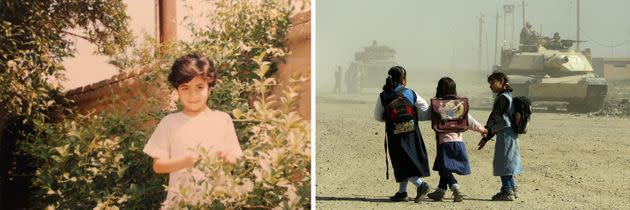 Left: Al Bayati at a young age in Iraq. Right: Iraqi schoolgirls walk in front of U.S. soldiers patrolling in the Baghdad suburb of Abu Ghraib on Nov. 5, 2003.