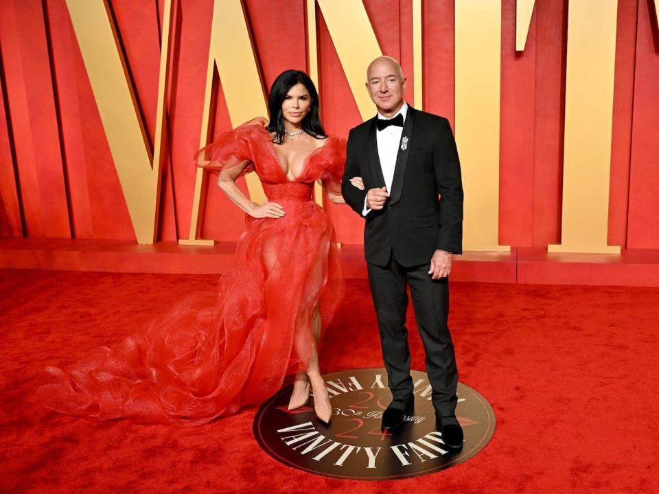 Lauren Sanchez and Jeff Bezos attend the 2024 Vanity Fair Oscar after-party.