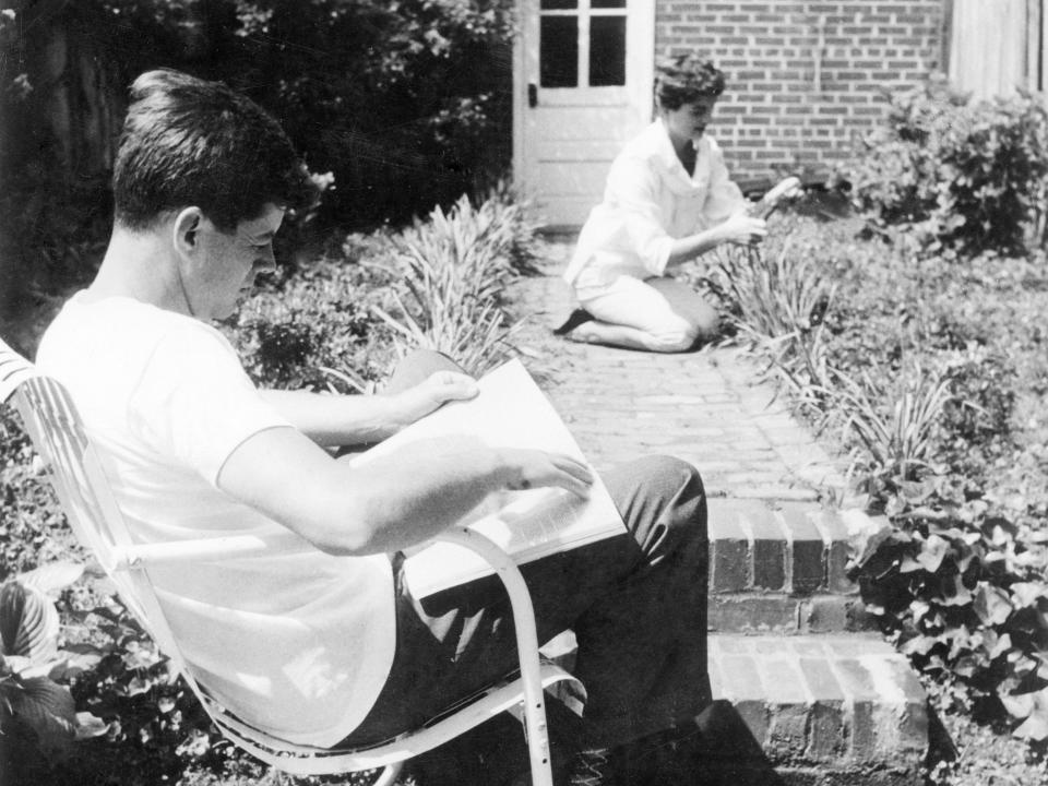 John and Jackie Kennedy in the garden at their home.