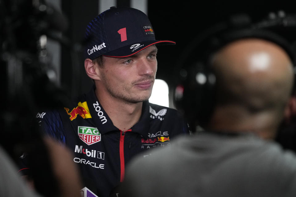 Red Bull driver Max Verstappen of the Netherlands talks to the media at the Lusail International Circuit, Lusail, Qatar, Thursday, Oct. 5, 2023. The Qatar Formula One Grand Prix race will be held on Sunday. (AP Photo/Ariel Schalit)