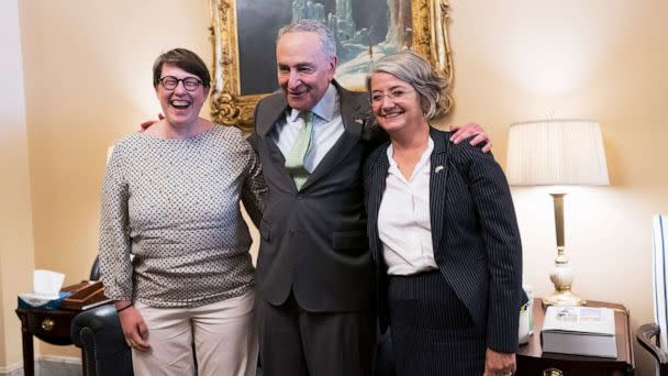 PHOTO: Senate Majority Leader Chuck Schumer, flanked by Paivi Nevala, minister counselor of the Finnish Embassy and Karin Olofsdotter, Sweden's ambassador, welcomes diplomats from Sweden and Finland in Washington, Aug. 3, 2022. (J. Scott Applewhite/AP)