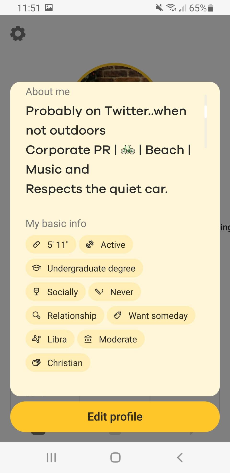 A screenshot of a Bumble profile with details about a man's appearance and values.