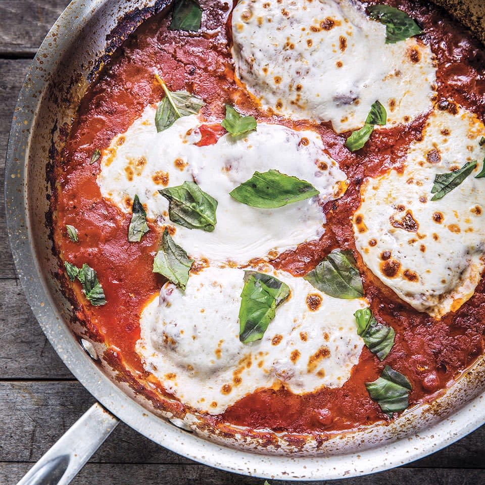 <p>We skipped breading in this healthy one-dish chicken Parm recipe to save time. There's still plenty of gooey cheese, and the garlic, pepper flakes and oregano lend big flavor. Serve with pasta or in a hoagie roll with the sauce (there's lots of it) spooned on top. In sandwich form, it's easily wrapped in foil and eaten on the go. Excerpted from The Dinner Plan by Kathy Brennan and Caroline Campion, published by ABRAMS © 2017.</p>