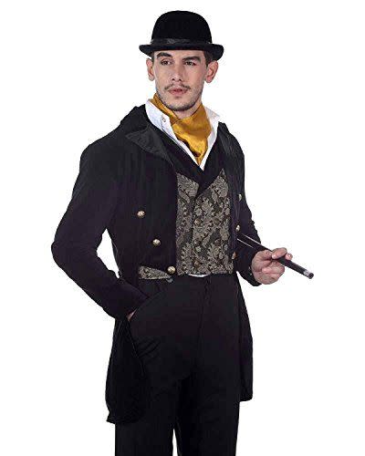 5 Pcs Men's Steampunk Vintage Tailcoat Jacket Gothic Victorian Uniform  Halloween Costume Set Top Hat Gold Walking Cane