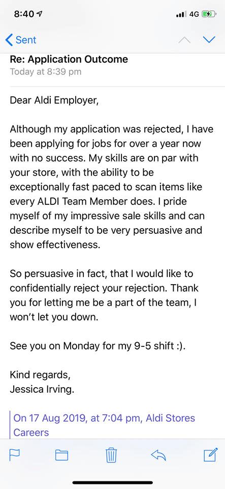 Jessica Irving rejected her job rejection letter from Aldi. And got an interview. Source: Supplied