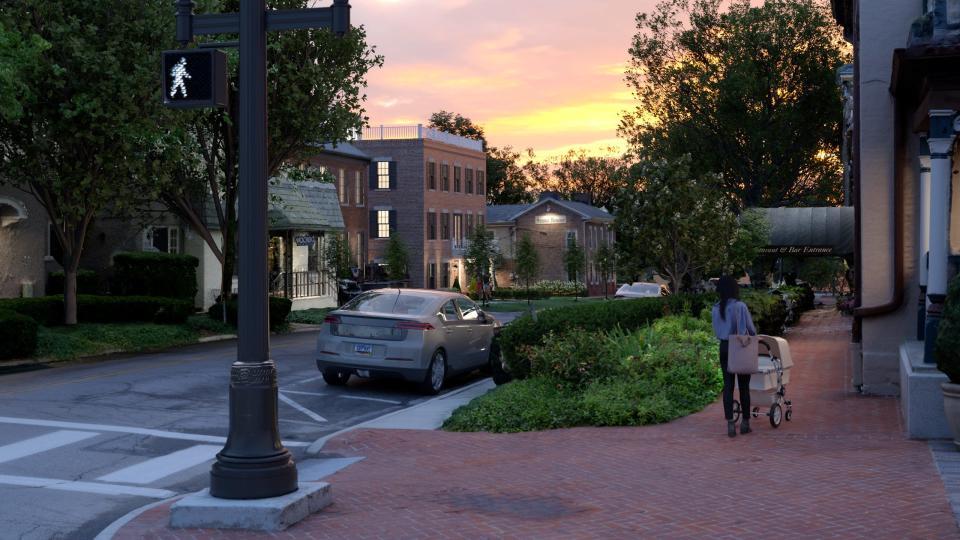 The New England Development Co. has proposed building a 45-to-55-room hotel, shown on the left of this rendering, on W. New England Avenue in Worthington. The hotel would use the restaurant services of the Worthington Inn, shown across the street on the right.