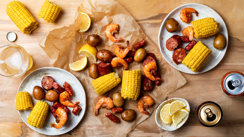 Shrimp boil and beers on counter