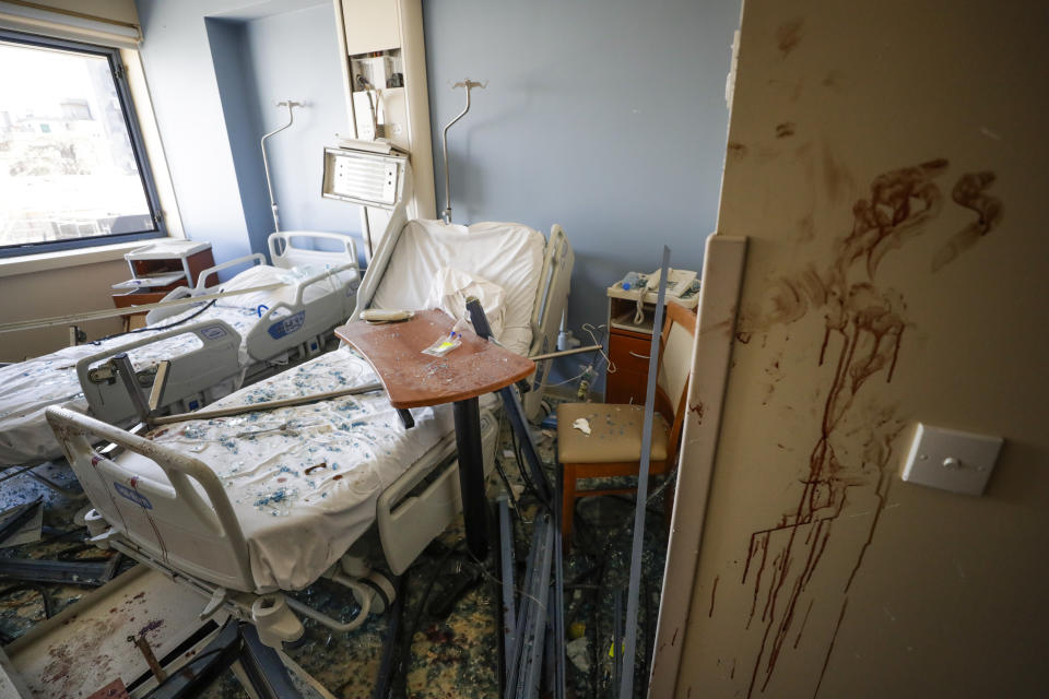 A damaged hospital is seen after a massive explosion in Beirut, Lebanon, Wednesday, Aug. 5, 2020. (AP Photo/Hassan Ammar)