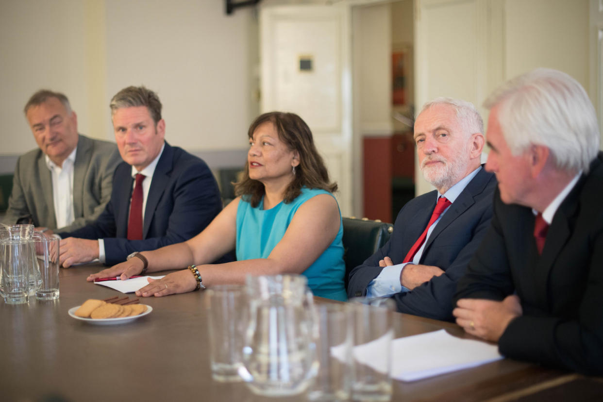 (left to right) Shadow chief whip Nick Brown, shadow Brexit Secretary Sir Kier Starmer, shadow leader of the House of Commons Valerie Vaz, Labour Party leader Jeremy Corbyn and shadow chancellor John McDonnell, prior to meeting with senior MPs from across all parties to discuss stopping a no-deal Brexit (Picture: PA)