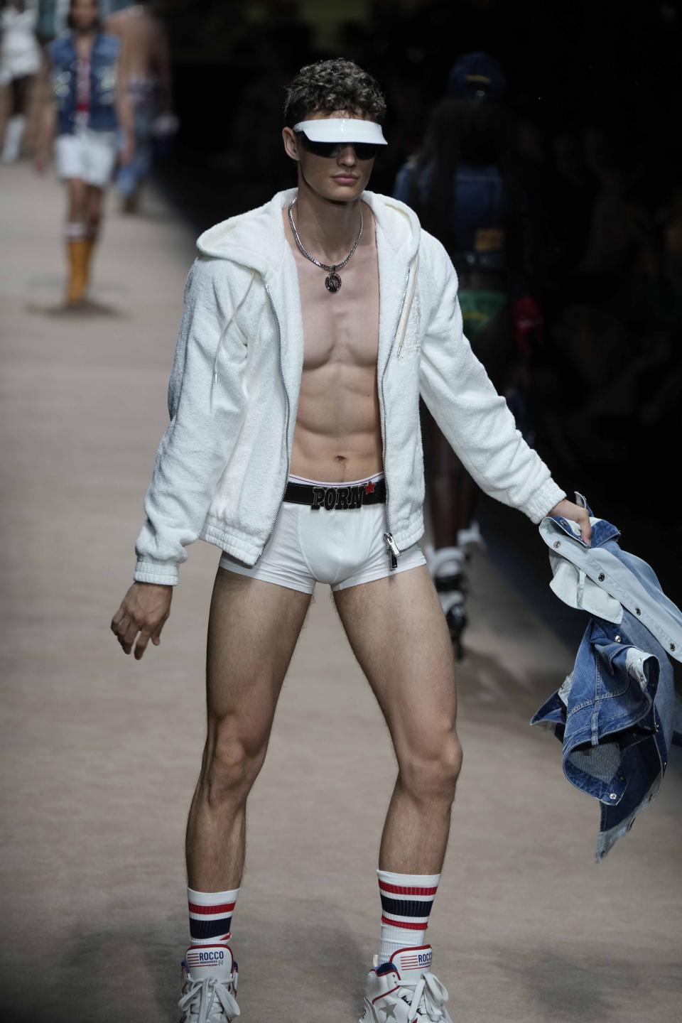 A model wears a creation as part of the Dsquared2 men's Spring Summer 2024 collection presented in Milan, Italy, Friday, June 16, 2023. (AP Photo/Luca Bruno)
