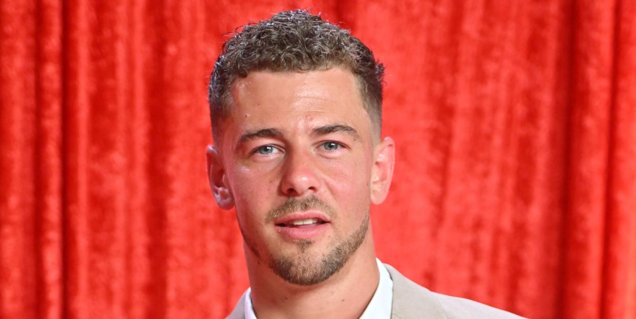 rory douglas speed, who plays joel in hollyoaks, arrives at the 2023 british soap awards in manchester