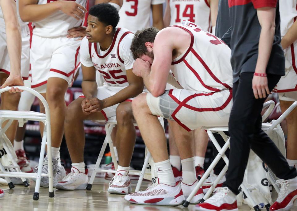 Oklahoma Sooners guard Grant Sherfield (25) and forward Tanner Groves (35) sit down during a timeout late in a men's college basketball game between the University of Oklahoma Sooners (OU) and the Baylor Bears at Lloyd Noble Center in Norman, Okla., Saturday, Jan. 21, 2023. Baylor won 62-60.