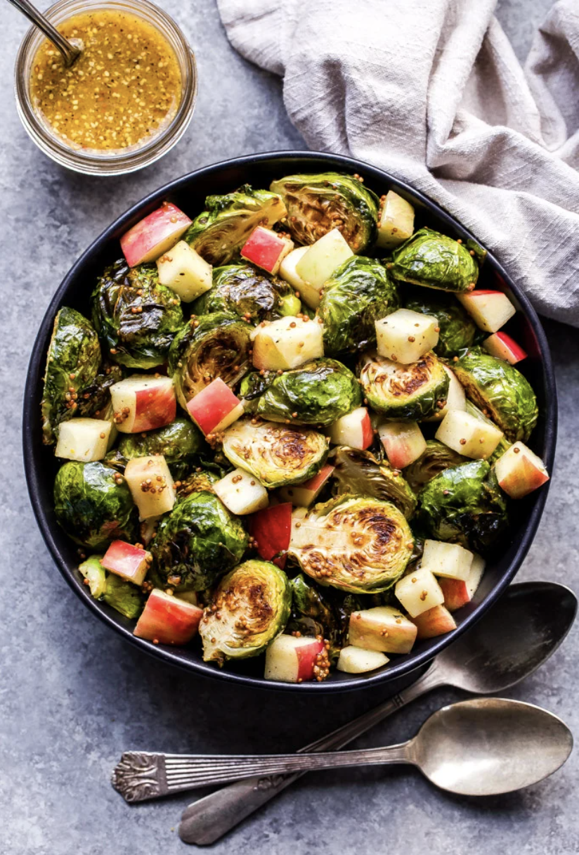 Roasted Brussels Sprouts with Apples and Maple Mustard Dressing