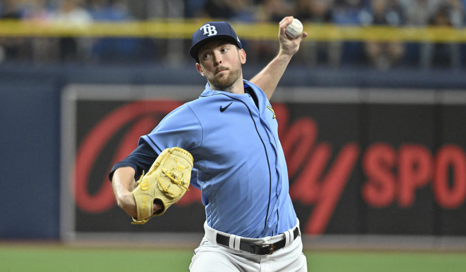 Tampa Bay Rays starter Jeffrey Springs pitches against the Boston Red Sox during the first inning of a baseball game Thursday, April 13, 2023, in St. Petersburg, Fla. (AP Photo/Steve Nesius)