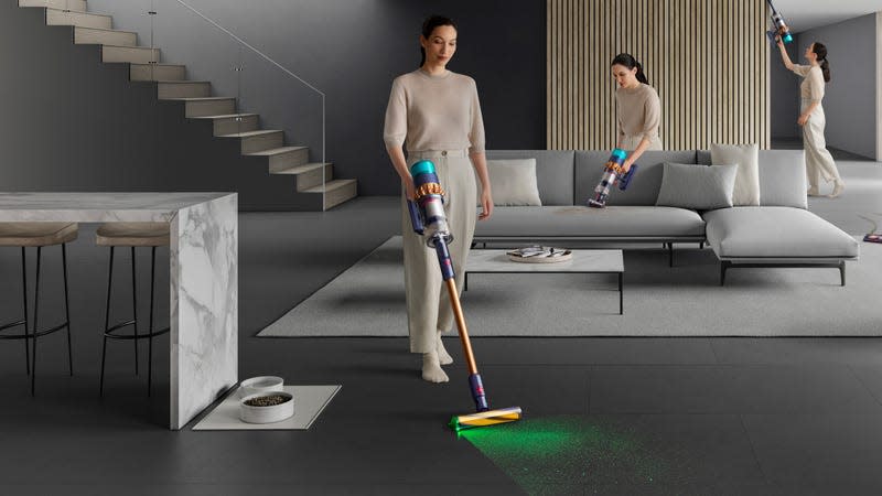 Several people using the Dyson Gen5detect cordless vacuum to clean various parts of a home including the floor, a sofa, and a higher hard to reach area.