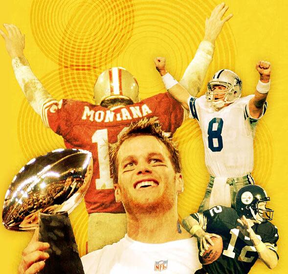 Clockwise from bottom left: Tom Brady, Joe Montana, Troy Aikman, Terry Bradshaw