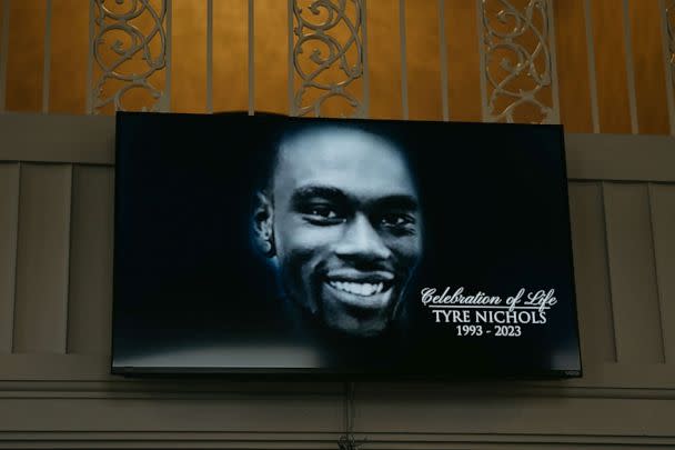 PHOTO: A screen at the entrance of Mississippi Boulevard Christian Church displays the celebration of life for Tyre Nichols on Feb. 1, 2023 in Memphis, Tenn. (Lucy Garrett/Getty Images)