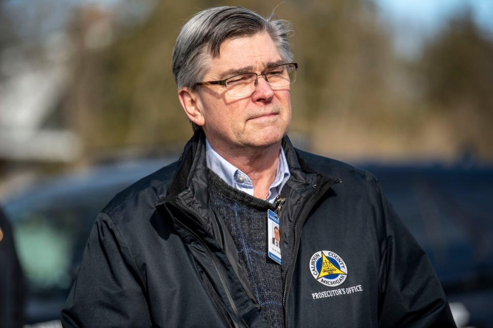 Calhoun County's Prosecutor David Gilbert attends a press conference concerning the discovery of remains believed to be Amber Griffin's body in the area of Limit Street and Waubascon Road in Battle Creek on Thursday, March 3, 2022.