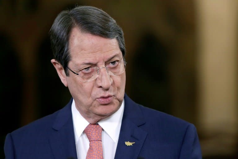 Cypriot President Nicos Anastasiades talks during a televised news conference at the presidential palace in Nicosia on May 22, 2017