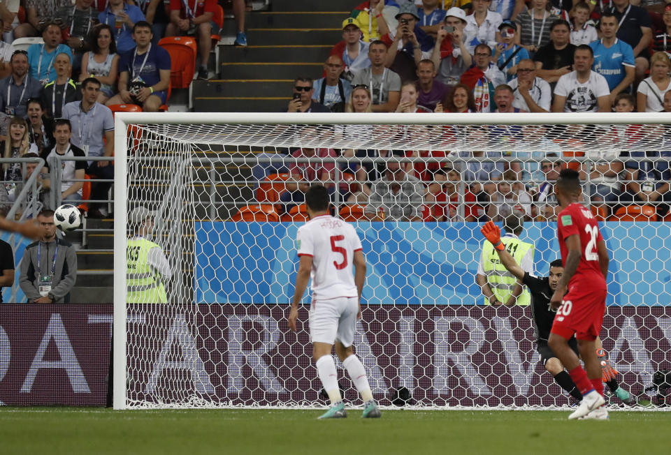 <p>Tunisia’s Yassine Meriah, not shown, scores an own goal during the group G match between Panama and Tunisia at the 2018 soccer World Cup in the Mordovia Arena in Saransk, Russia, Thursday, June 28, 2018. (AP Photo/Pavel Golovkin) </p>