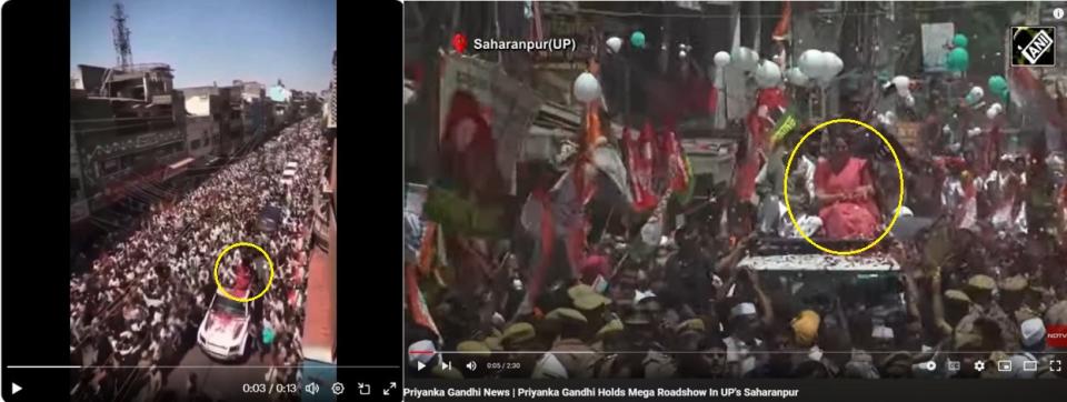 <span>Screenshot comparison of the video shared in false posts (left) and NDTV's video (right), with Gandhi highlighted by AFP</span>