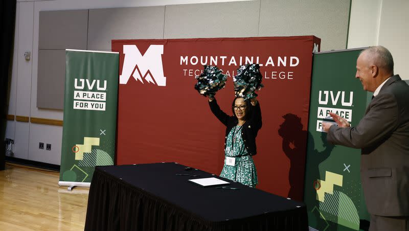 Astrid Tuminez, president of UVU, and Clay Christensen, president of the Mountainland Technical College, signed an agreement Thursday allowing certain MTECH students an easier path toward an associate degree.