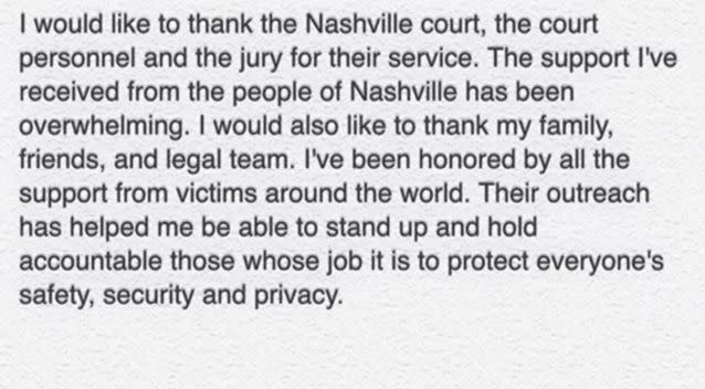 Erin Andrews posted this on Twitter after the judgement. Photo: Twitter