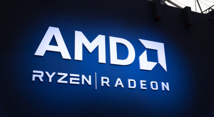 Advanced Micro Devices (AMD) logo on blue background with Ryzen and Radeon brands