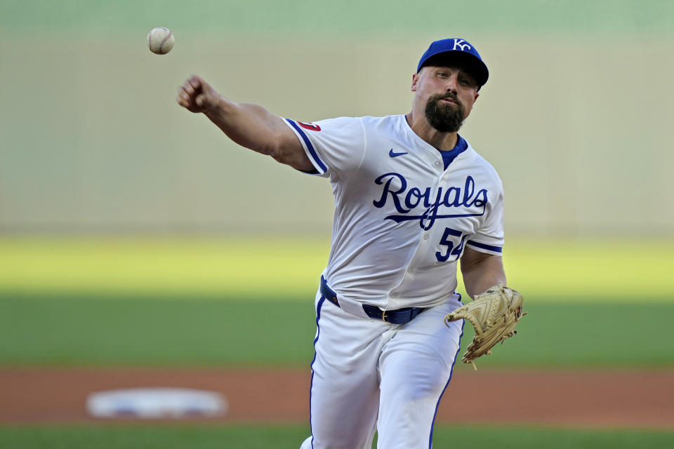 Kansas City Royals starting pitcher Dan Altavilla throws during the first inning of a baseball game against the New York Yankees Wednesday, June 12, 2024, in Kansas City, Mo. (AP Photo/Charlie Riedel)