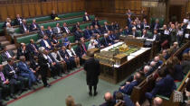 In this image made from video, British lawmakers stage a protest in the House of Commons before prorogation of Parliament, in London, Tuesday Sept. 10, 2019. The British government has formally suspended Parliament, sending lawmakers home for five weeks amid a Brexit crisis. (Parliament TV via PA via AP)