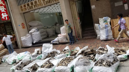 Bags of shark fins from a Singapore Airlines shipment are seen in Hong Kong, China May 11, 2018. Picture taken May 11, 2018. Sea Shepherd Global/Handout via REUTERS