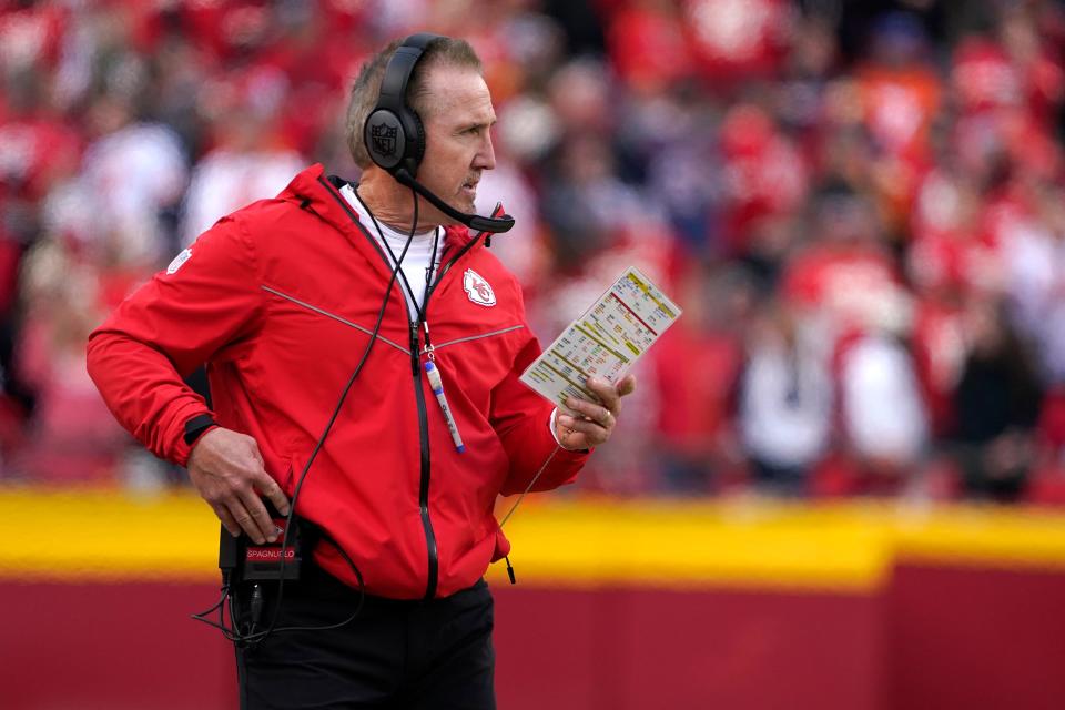 Kansas City Chiefs defensive coordinator Steve Spagnuolo sends in a play against the Denver Broncos during a game earlier this month.