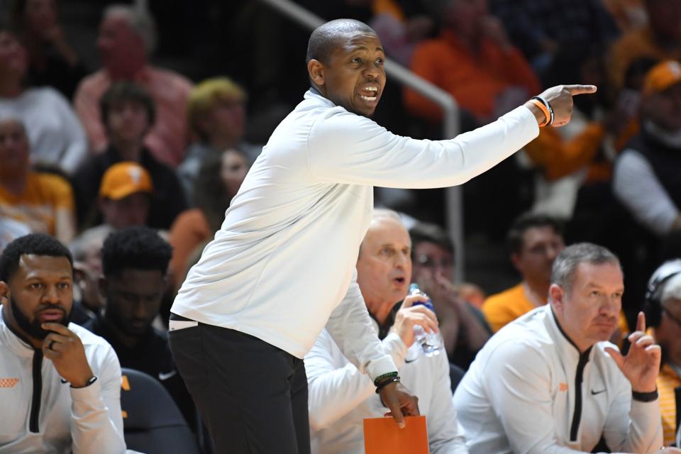 Associate head coach Justin Gainey is seen during an NCAA college basketball game between the Missouri Tigers and the Tennessee Volunteers in Thompson-Boling Arena in Knoxville, Saturday Feb. 11, 2023. Missouri defeated Tennessee in the final second of the game, 86-85.