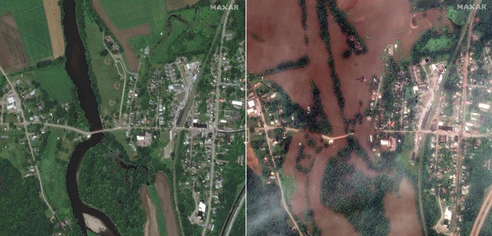 An overview of the Winooski River in Richmond, Vermont on June 27, 2019 (left) and on July 11, 2023, after heavy rains triggered flooding (Satellite image Â©2023 Maxar Tech)