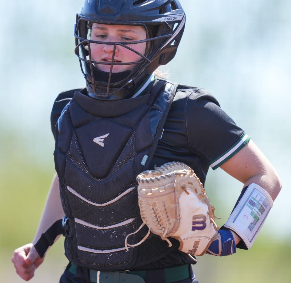 Westfield Shamrocks Ava Kainrath (16) jogs to home base Saturday, April 13, 2024, during the game at the Cathedral High School in Indianapolis.