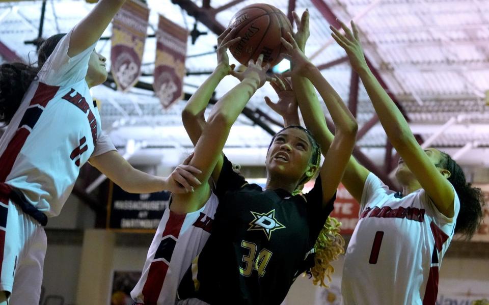 Davies forward Aniyah Gomes, in action last season, had a double-double in the Patriots' win over Block Island on Friday.