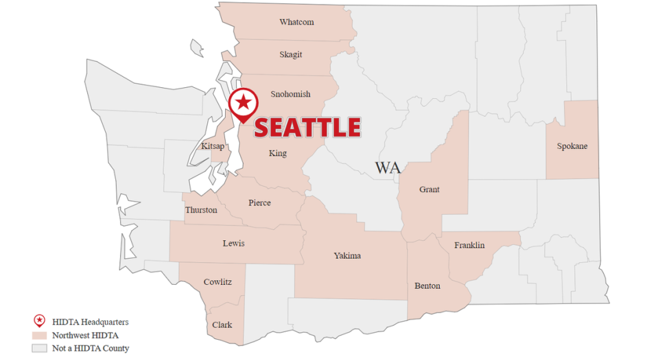 Map of the Northwest HIDTA, or high-intensity drug trafficking area, as outlined by the Office of National Drug Control Policy’s HIDTA program.