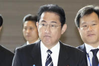 Japan’s Prime Minister Fumio Kishida arrives at his office in Tokyo Monday, May 29, 2023. North Korea has notified neighboring Japan that it plans to launch a satellite in coming days, which may be an attempt to put Pyongyang's first military reconnaissance satellite into orbit. (Kyodo News via AP)