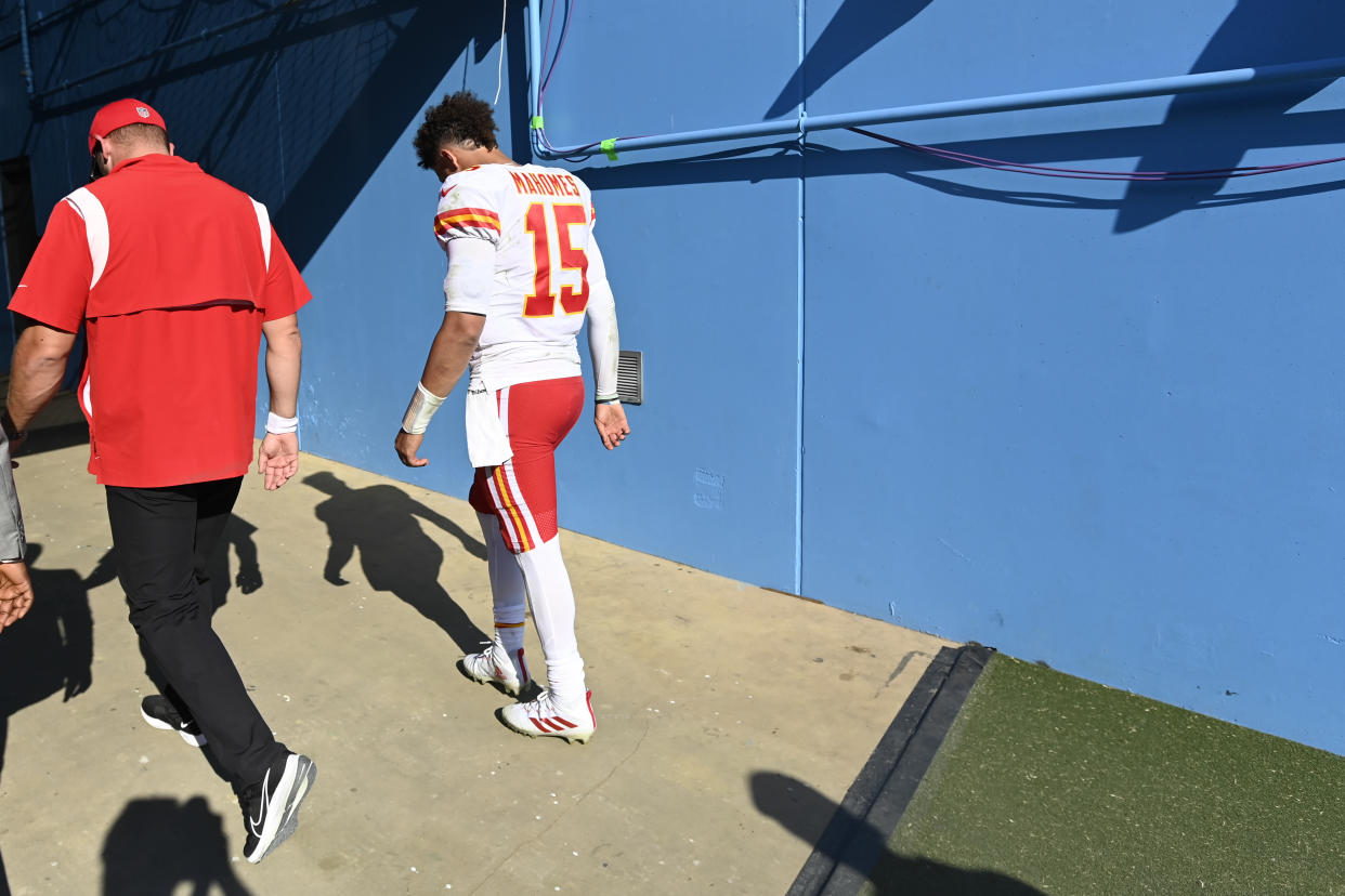 Kansas City Chiefs quarterback Patrick Mahomes (15) leaves the field after a loss to the Tennessee Titans in an NFL football game Sunday, Oct. 24, 2021, in Nashville, Tenn. (AP Photo/Mark Zaleski)