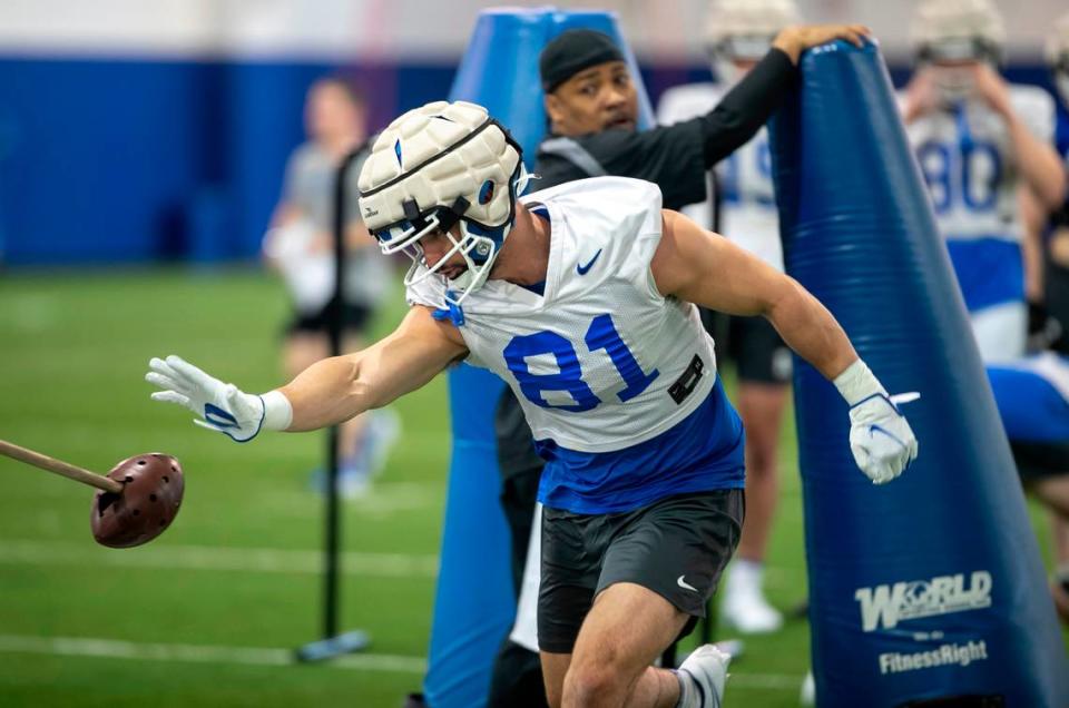 Duke tight end Nicky Dalmolin (81) runs through a drill during the Blue Devils’ spring practice on Friday, March 24, 2023 in Durham, N.C.