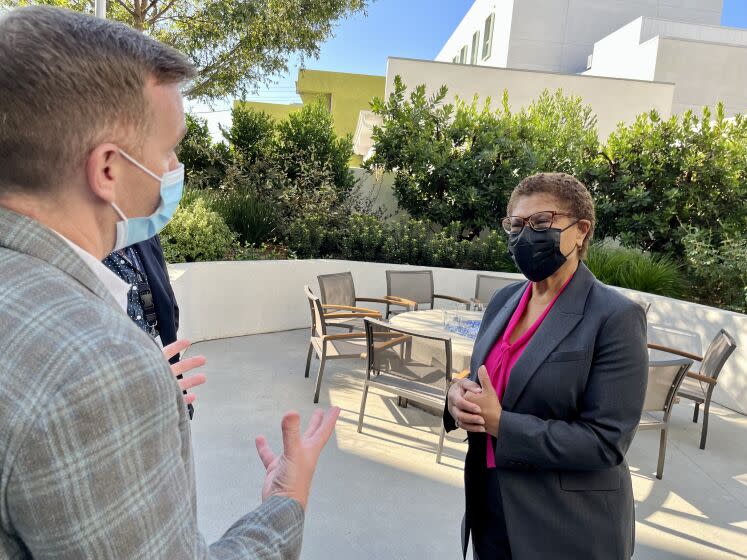 Karen Bass tours Los Angeles LGBT Center in Hollywood with Chief Executive Joe Hollendoner.