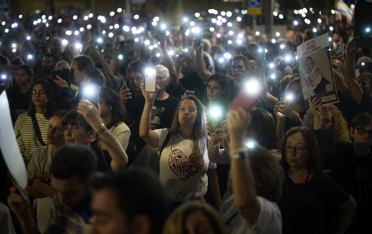 A vigil for the hostages outside the Museum of Modern Art in Tel Aviv, known as the ‘The Hostages and Missing Square’