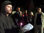 The dramatic end to the recent racist storyline in the Channel 4 soap Brookside as Josh, played by Paul Barnhill (front), attempts to set fire to the Johnson home, but the arson attempt dramatically backfires.