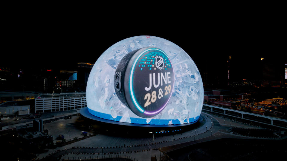 The Vegas Sphere shows the NHL Draft dates on its exterior.