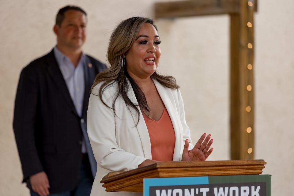 Former City Council Rep. Claudia Rodriguez introduces Rep. Tony Gonzales (TX-23) before he speaks at State Line BBQ in West El Paso on Wednesday, May 3, 2023, for his "Vote No on Prop K" event.