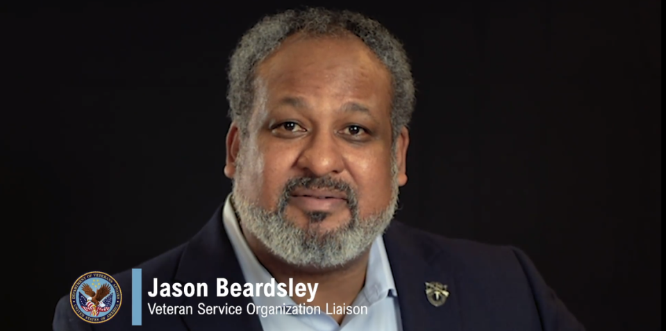 A screengrab of Jason Beardsley — identifying him as an employee of the Department of Veterans Affairs — from an online video event organized by the VA in October.