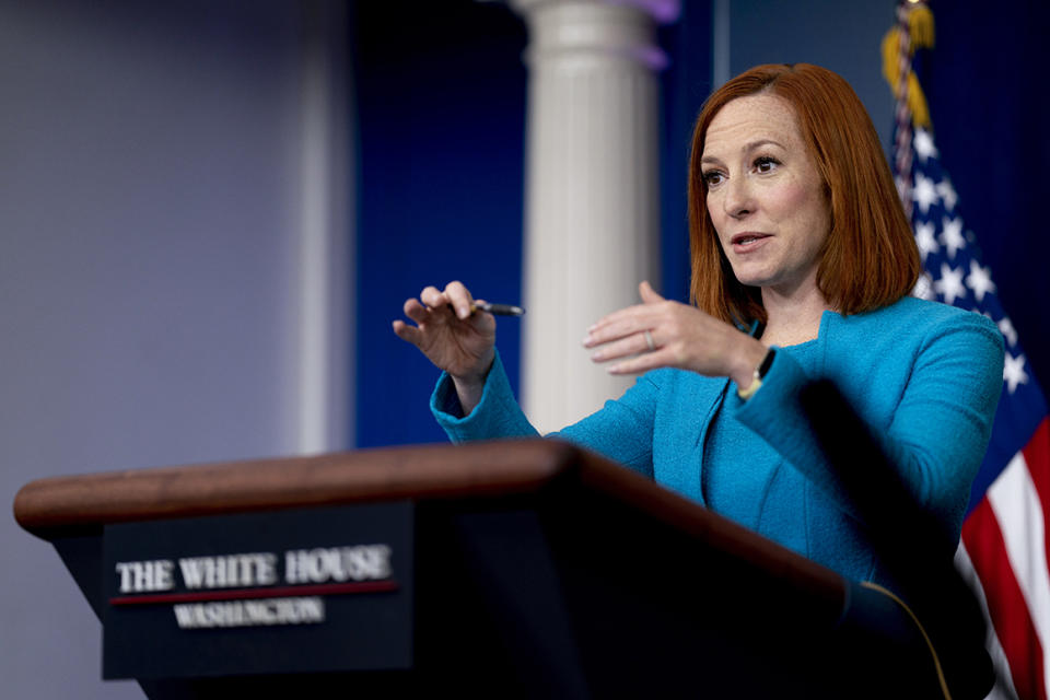 White House press secretary Jen Psaki speaks during a press briefing at the White House in Washington, Thursday, April 15, 2021. (AP Photo/Andrew Harnik)