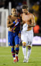 PASADENA, CA - AUGUST 01: David Beckham #23 of the Los Angeles Galaxy exchanges shirts with DaniEl Alves of the FC Barcelona at the half time of the friendly soccer match at the Rose Bowl on August 1, 2009 in Pasadena, California. (Photo by Kevork Djansezian/Getty Images)