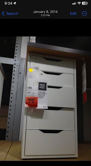 A product display shows a white four-drawer cabinet priced at $70, with 