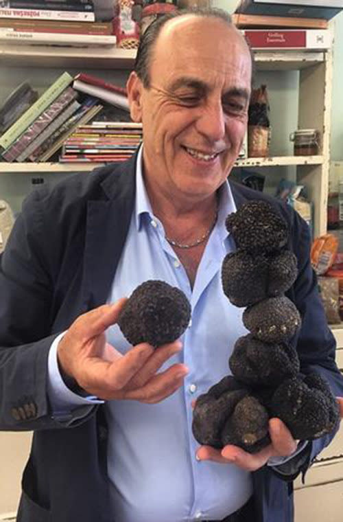 The Italian chef showed of the beautiful black truffles that went into dishes he made for a charity dinner at Jamie Oliver’s Fifteen restaurant in London.